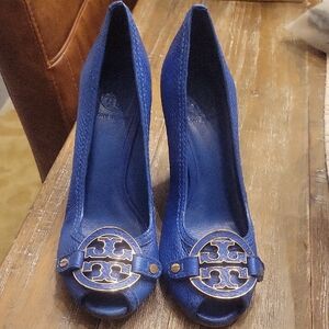 Tory Burch Royal Blue Leather Peep-Toe Heels with Gold Logo